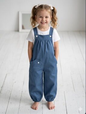 5T Vintage Jean Philippe collection Blue Girls' Overalls Heart Button Details